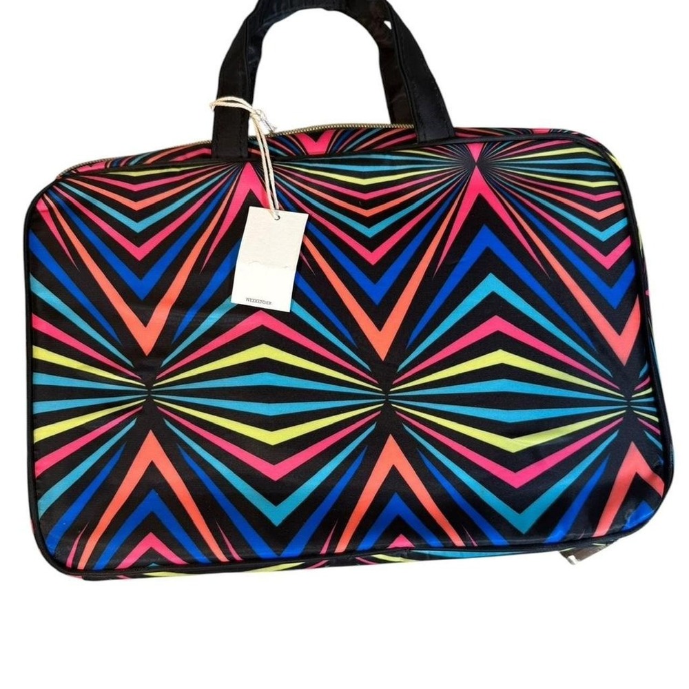 Multicolored geometric chevron pattern duffle bag with black accents